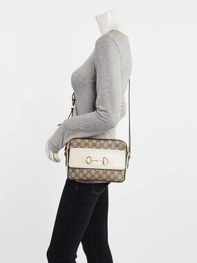 Gucci Beige/White GG Coated Canvas Horsebit 1955 Small Shoulder Bag